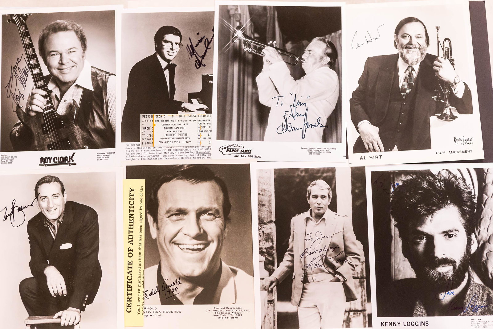 Autographed Photos of Musicians: Including Kenny Loggins, Al Hirt, Roy Clark, Marvin Hamlish, Perry Como, and others