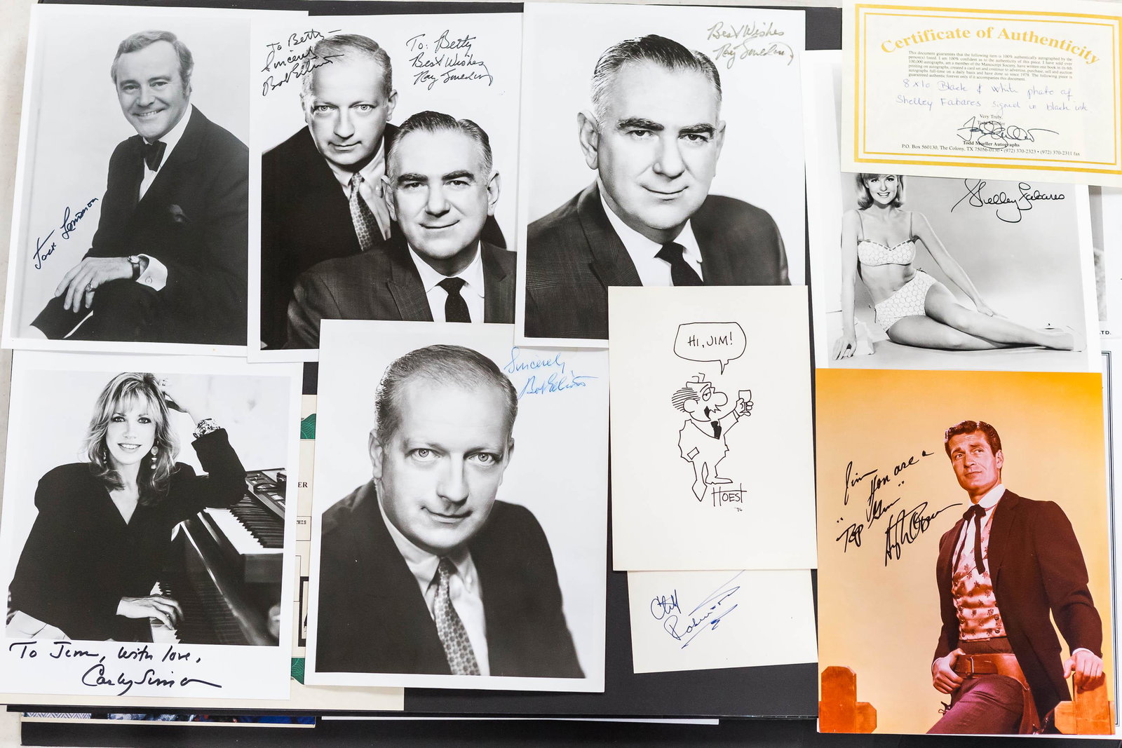 Autographed Photos of Actors, Actresses, Musicians: Including Carly Simon, Jack Lemon, Shelley Fabares, and various others