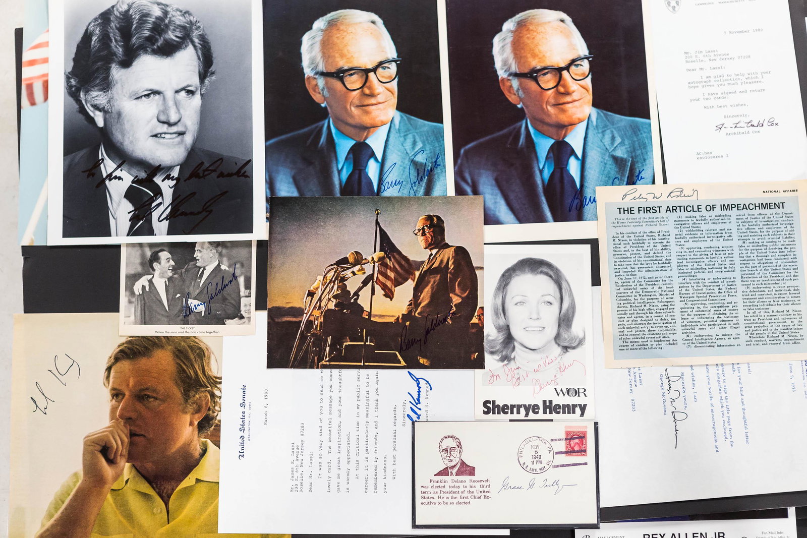 Political Autographed Photos and Letters: Including two autographed photos of Barry Goldwater, Ted Kennedy, a letter by Ted Kennedy, George McGovern letter, Grace G Tully, 1st Day FDR envelope, and others
