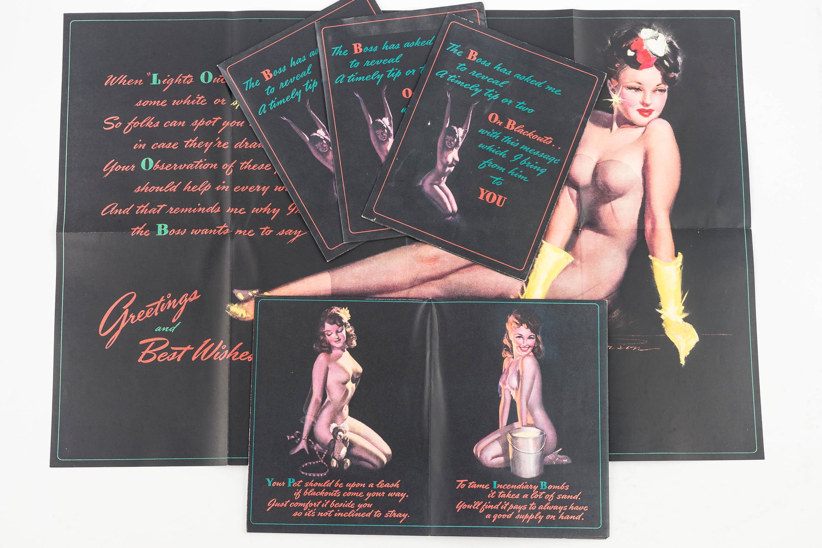"Blackout" Nudie Foldouts: These are (5) nudie foldouts to remind people how to be safe during a blackout, incendiaries, pets, and first aid. Age undetermined.