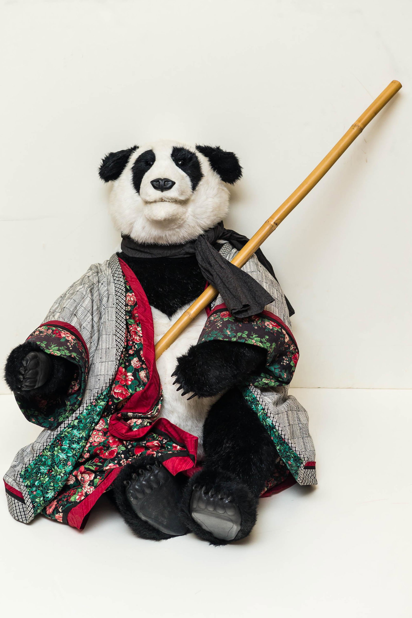 Kaylee Nilan Signed Beaver Valley Panda Bear 38": Beaver Valley panda bear with jointed limbs, approx. 38" tall; signed on lower paw by Kaylee Nilan. Titled "Mei Su". Plush panda comes with a handmade kimono and a four-foot bamboo jo; very well made,
