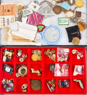 Jewelry, Lapel Pins, and Tokens (Two Trays): Lot includes a selection of religious pendants and tokens, Masonic medals and lapel pins, and related items.