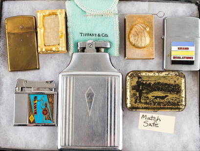 Vintage Cigarette Lighters & Cases: Lot includes a vintage solid brass Zippo, a Ronson cigarette case lighter, a Lord Chesterfield lighter with Egyptian scene, an advertising lighter, match safes, and a small Tiffany bag.