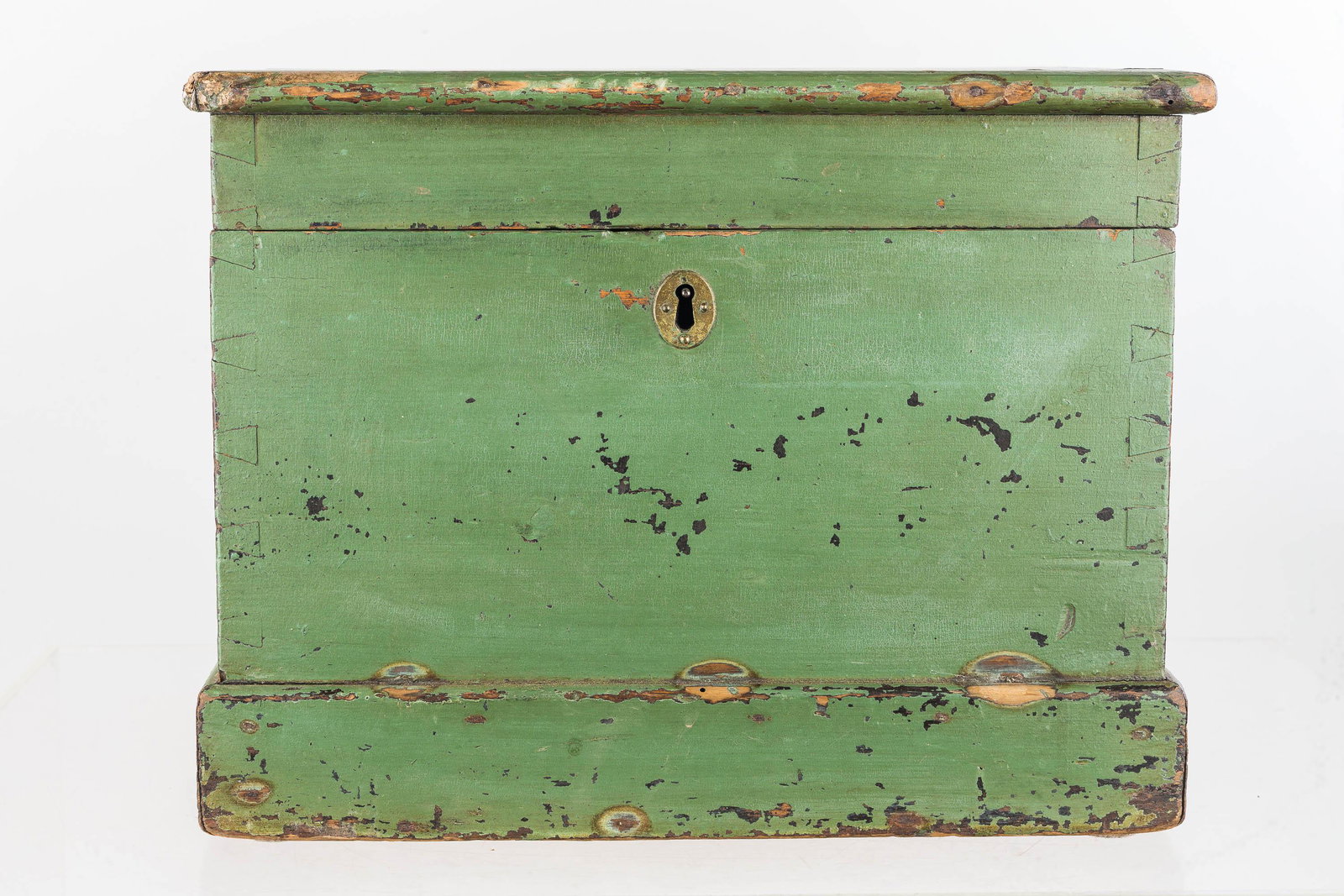 19th C Dovetail Bottlebox Green Paint: Item is hand dovetailed with six dividers and old green surface; it measures approx. 13"H x 16"W x 11"D.