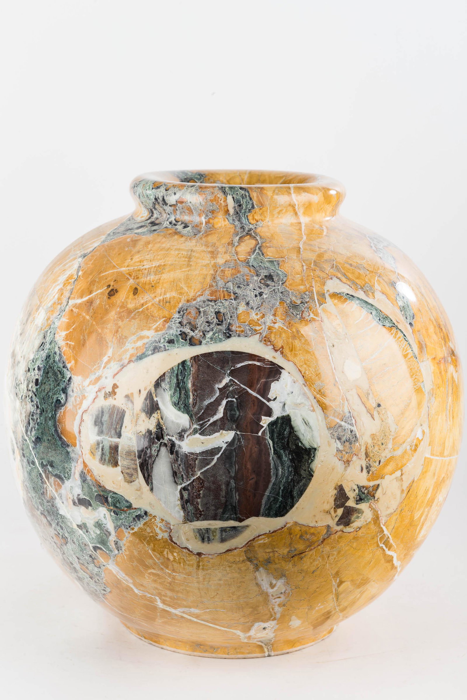 Large Mottled Marble Vase (Second 16"): This is a multi colored vase measures approx. 16" h x 7.5"w across mouth. Note: Item is very heavy. Special shipping/pick-up considerations should be taken.