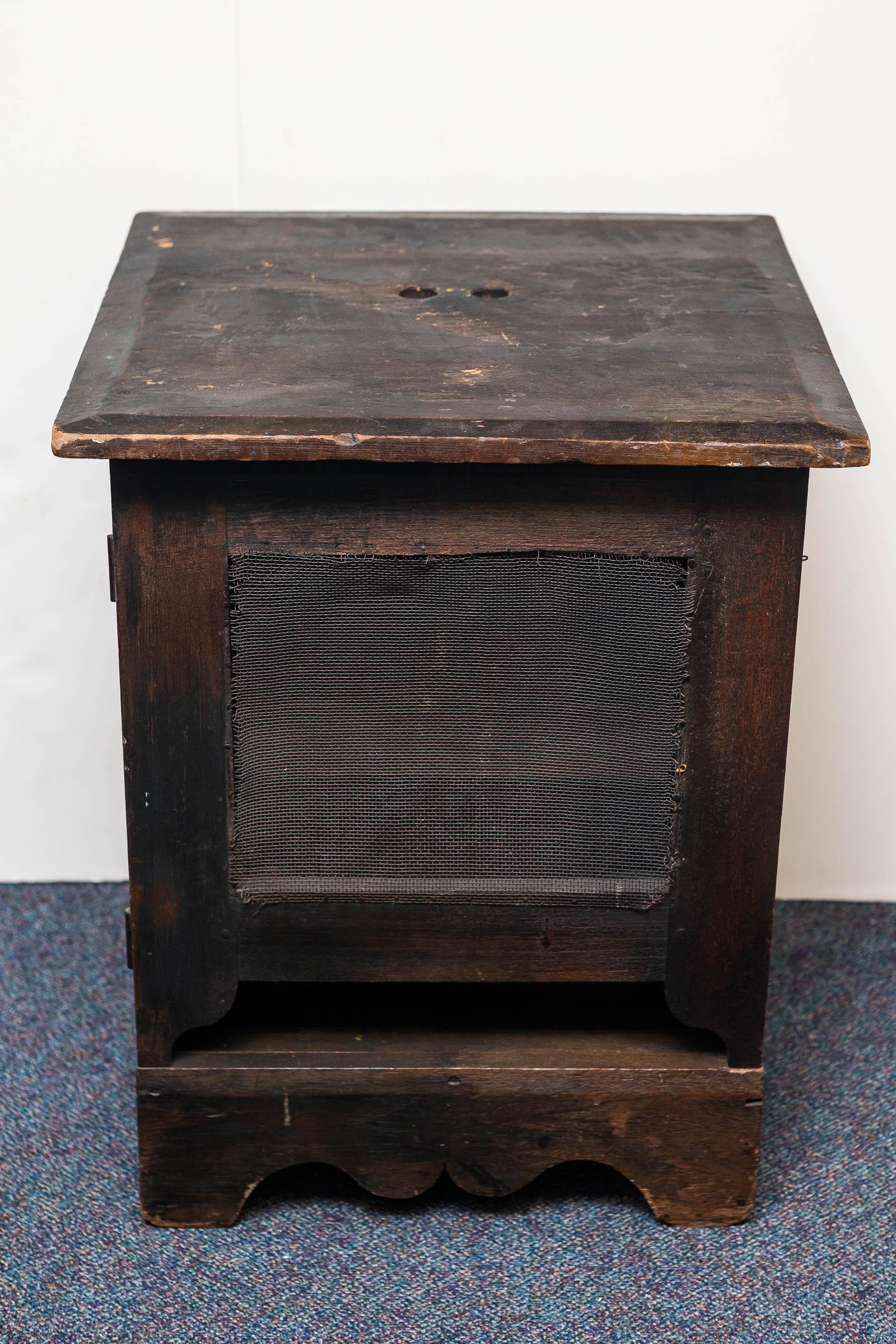 19th C Wooden Beekeepers Box: Box has (2) drawers (one is screened), 19th century hinges and cut nail construction. Interior has (4) divided sections and a deep blue surface. Box measures approx. 28" H x 23" W x 23" D