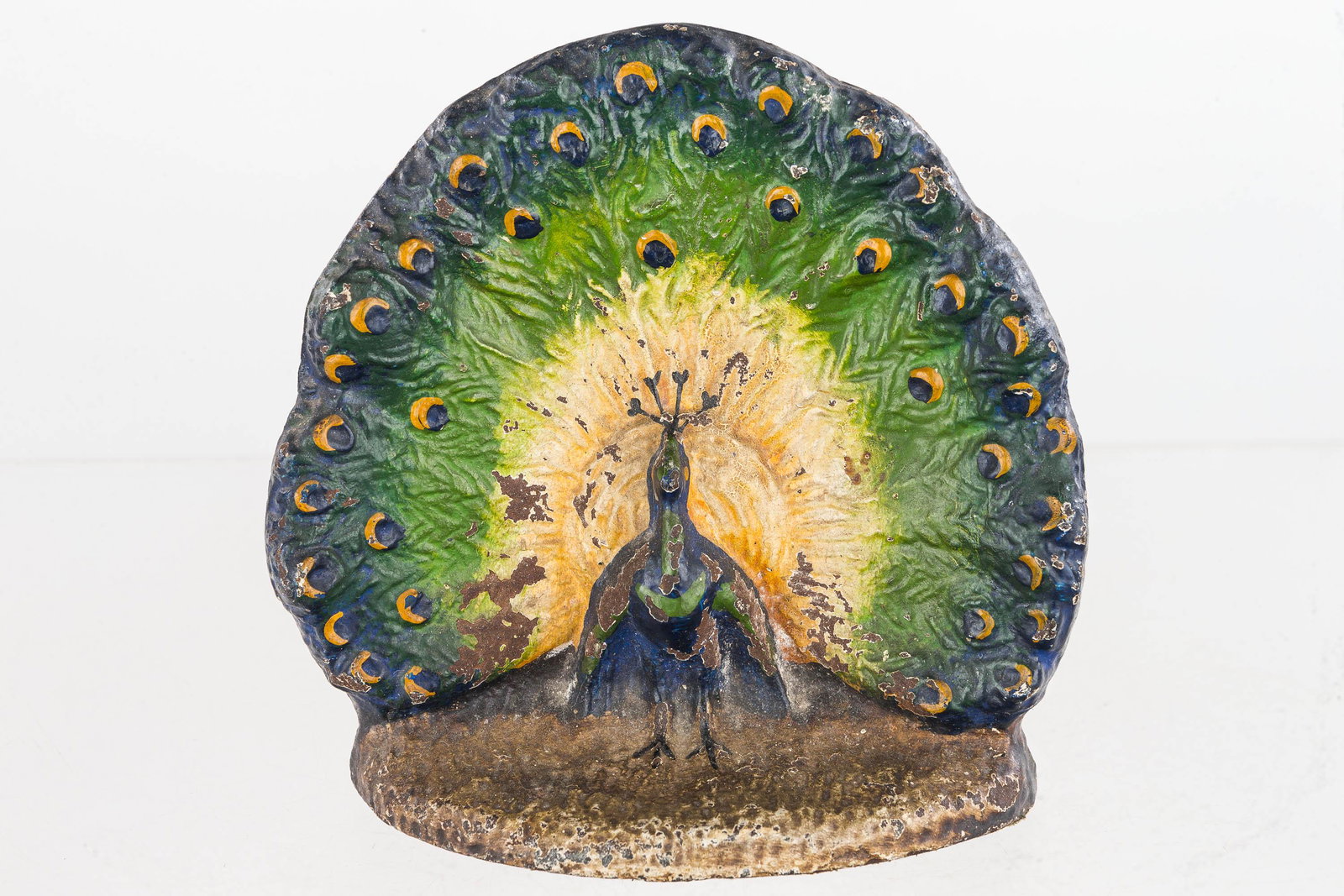 Cast Iron Peacock Doorstop, Early 20th C: This hand-painted, unmarked doorstop measures approx. 6" H.