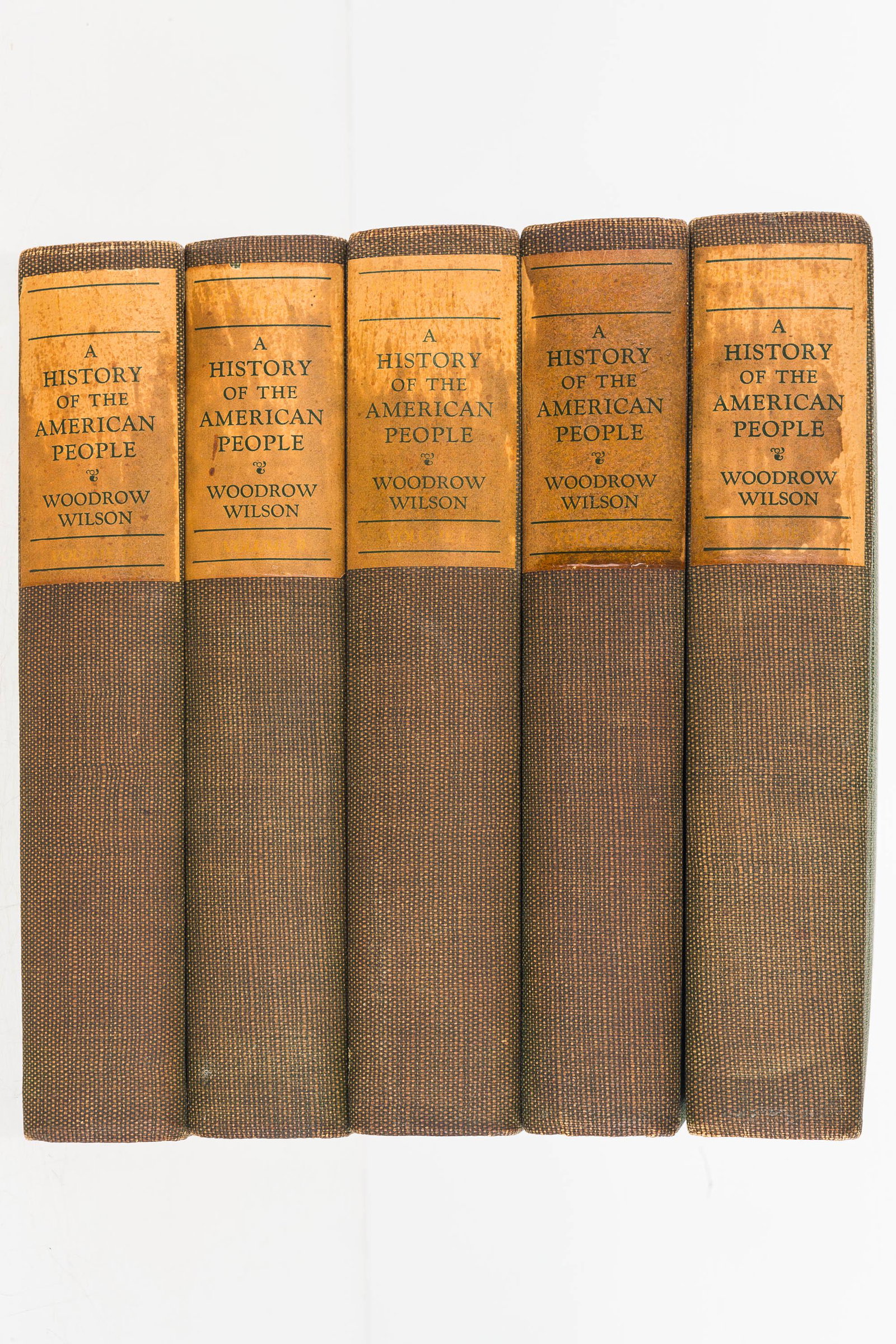"History of the American People" by Woodrow Wilson: "History of the American People", (1918), by Woodrow Wilson, published by Harper and Brothers, London. This lot includes (5) of the (10) books from the set. The books are in good condition, with stain