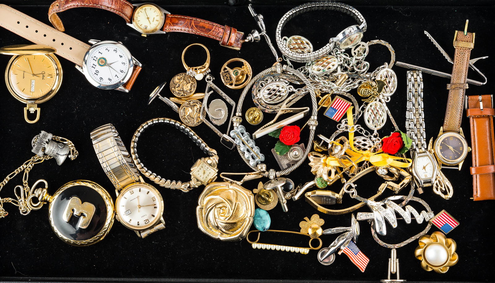 Vintage Watches and Jewelry: This vintage collection features Timex, Seiko's, Colibri, and a pocketwatch, as well as assorted jewelry and cufflinks.