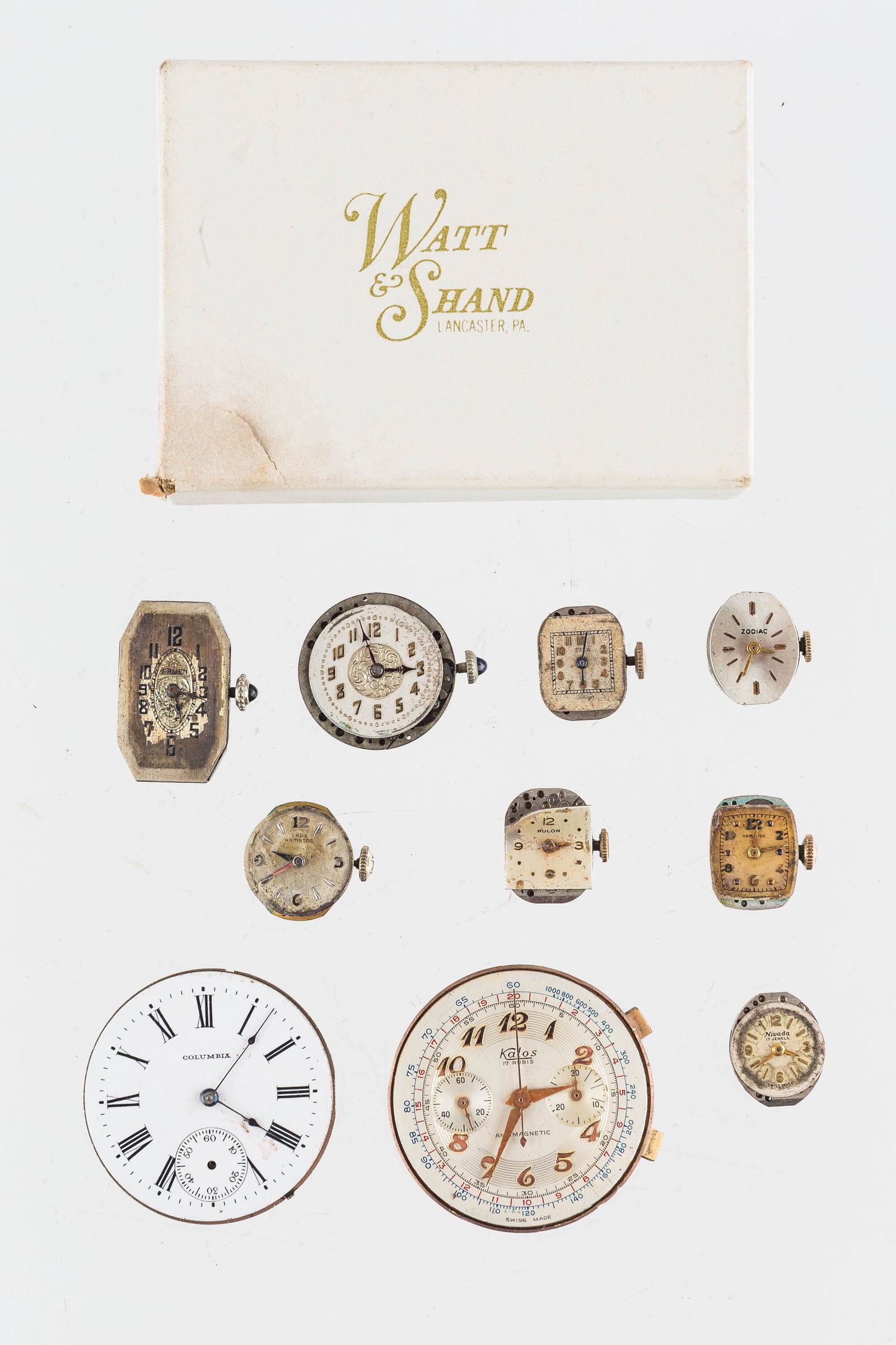 Watch Movement Collection: "Kalds" 1950's chronograph movement; "Hamilton"; "Zodiac"; "Elgin"; and more.