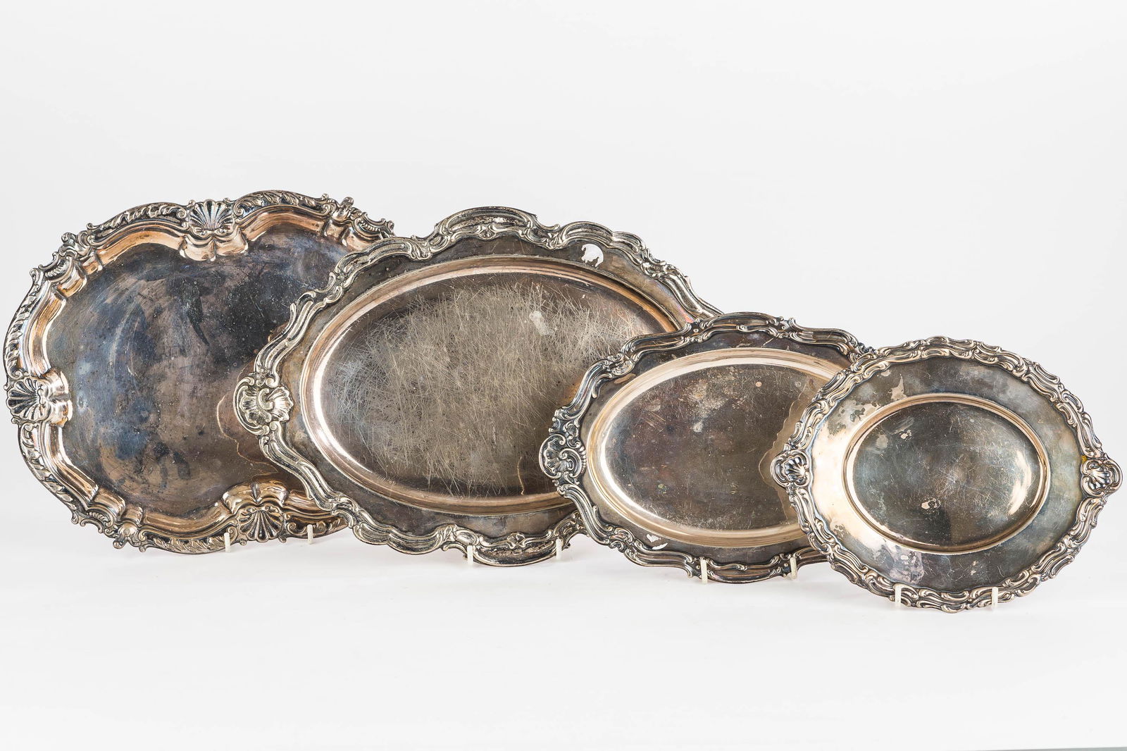 Gorham Silver Plated Hotel Trays (4): Trays have "Hotel Mary Marie Antoinette, New Orleans"; sizes are 9", 10.5", 12.5", and 14.5" in length.