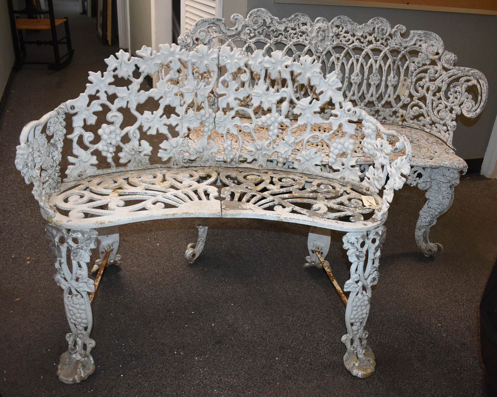 Cast Aluminum Garden Settees (2): These settees are both contemporary and not a match. The larger measures 31" high x 44" wide x 14" deep