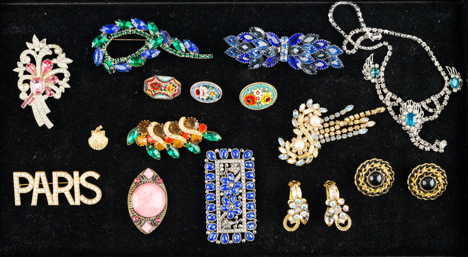 Estate Rhinestone Jewelry Collection: This large, vintage collection includes signed "Trifari" earrings, large blue and green brooches, micromosaic pins (1 missing bar), necklace, and more.