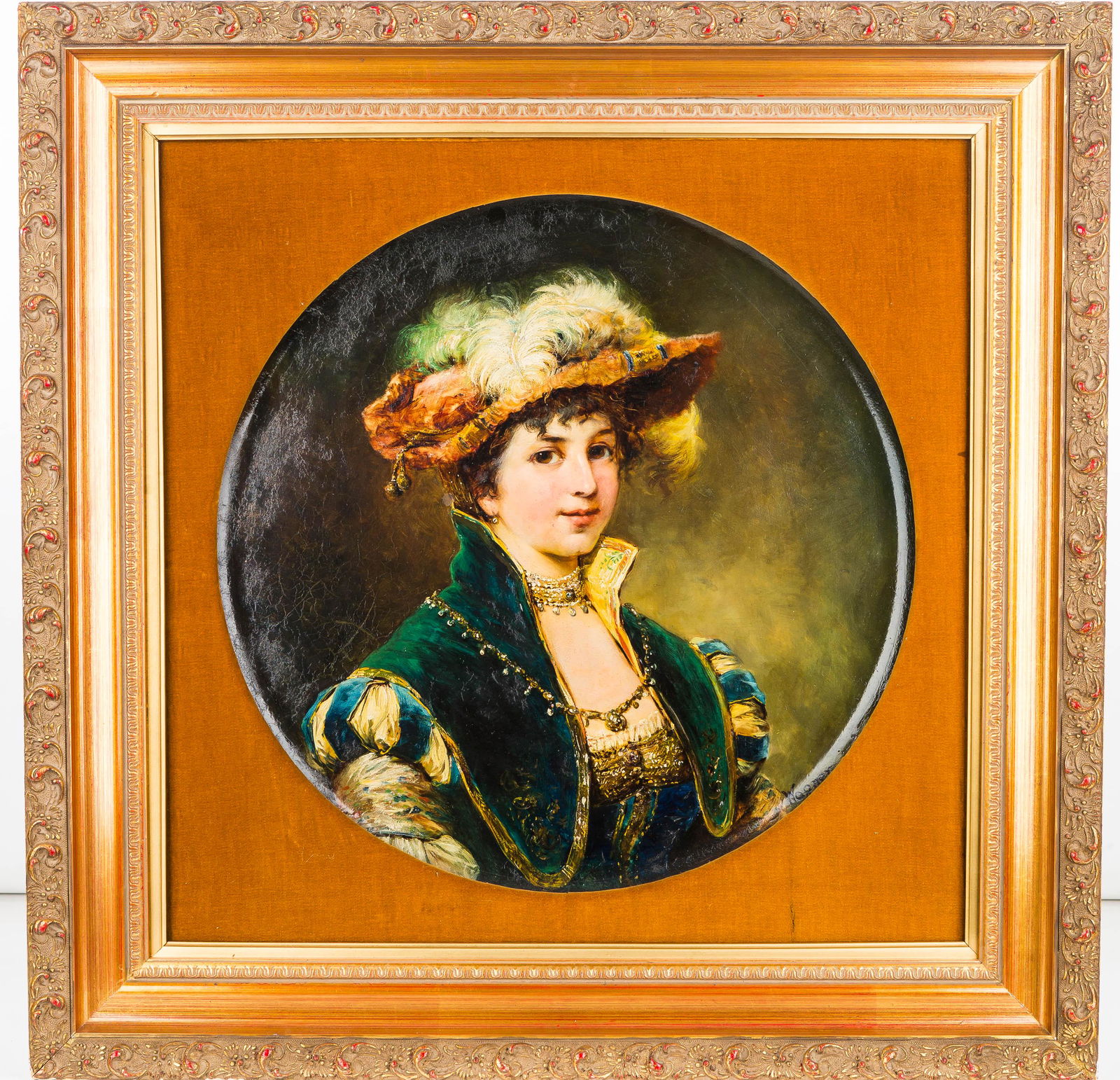 Wagner Hand-Painted Porcelain Charger 19th C: Rare 19th C painting on porcelain by famous listed artist "Wagner" depicting queen in her jewels and finery. Attributed to KPM but does not bear their mark. Inner frame original to portraiture plate,