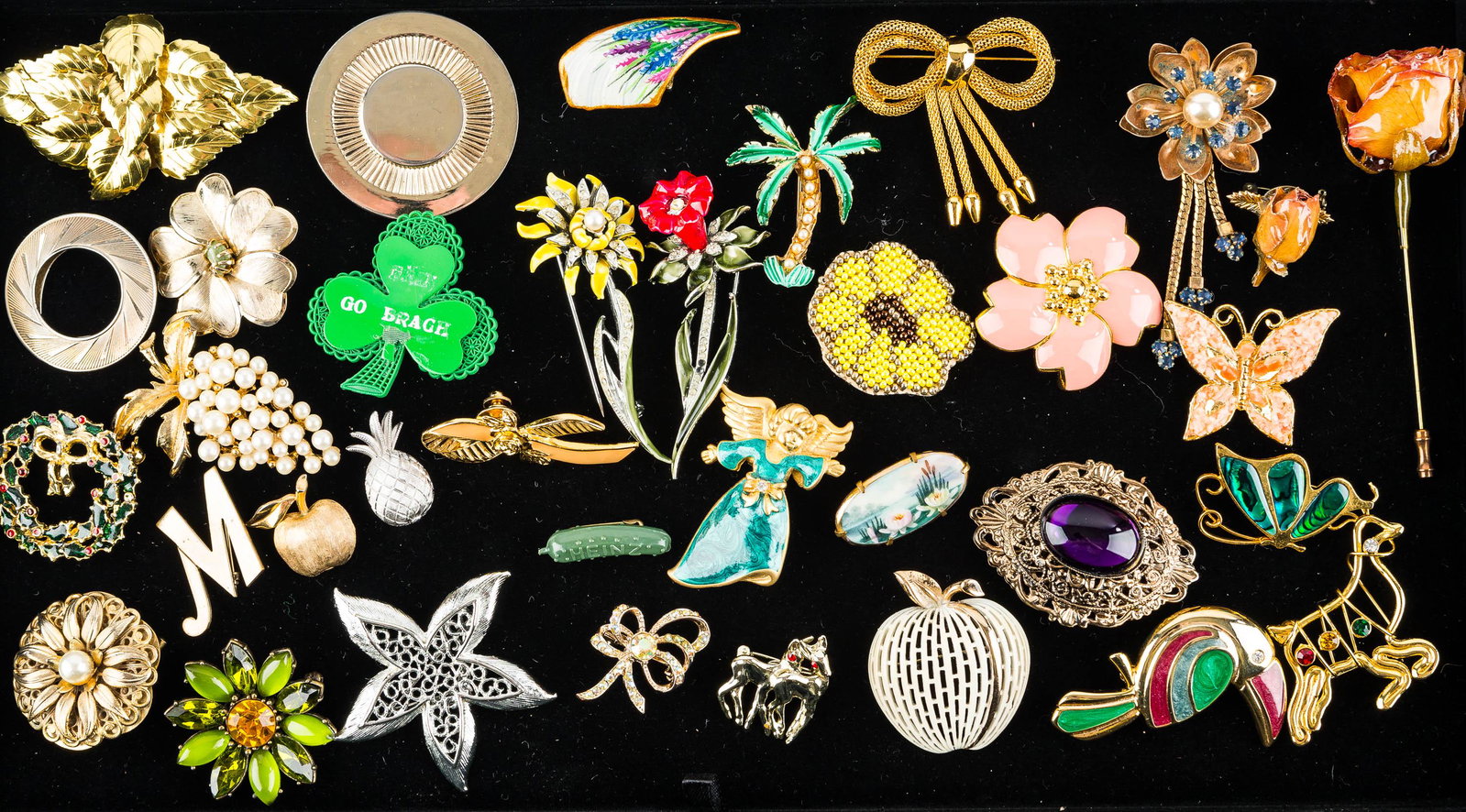 Brooches and Pins: Collection includes an enameled toucan pin marked LR, butterfly pins, enameled floral brooches, enameled pink Monet floral brooch, and many others.