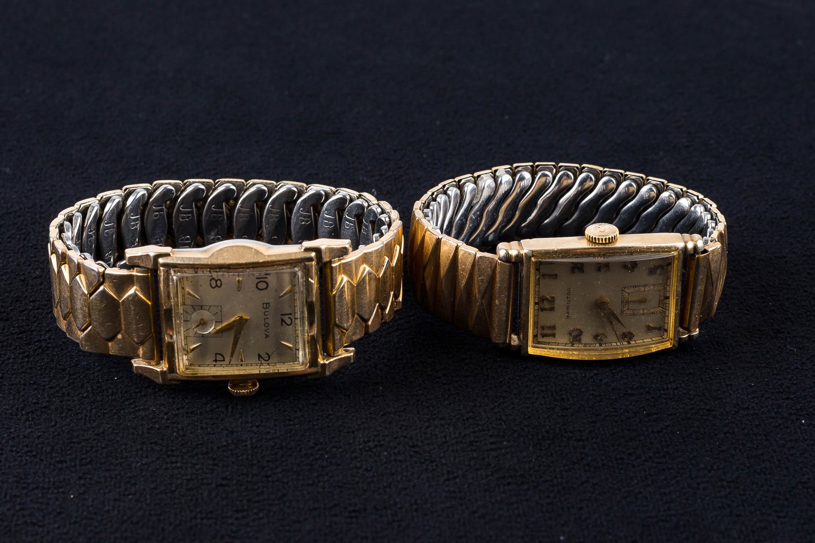 Vintage Hamilton and Bulova Watches: This Hamilton wind-up watch c. 1940 has a gold fill case and is in working order. The L4 wind-up Bulova watch with a gold fill bezel has a stainless back, and a dial type secondhand. It IS currently i