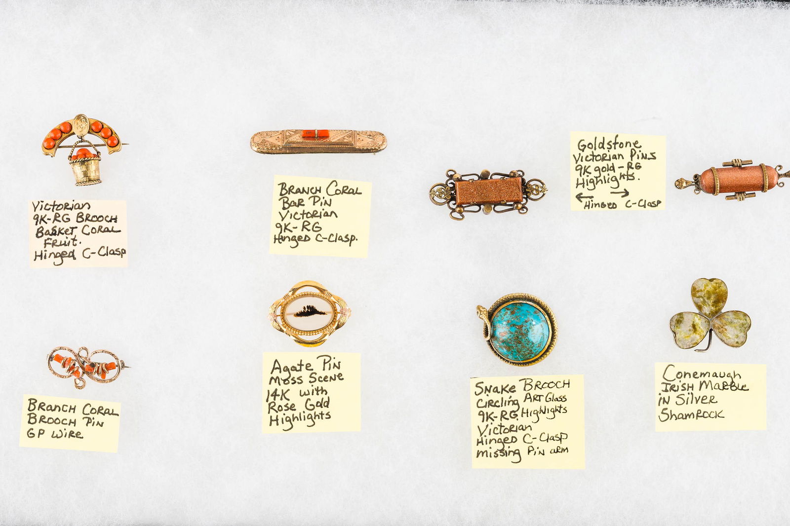 12k Gold Fill Agate Pin & Other Jewelry: Lot includes 12k gold fill moss agate pin, 9k rolled gold, snake pin with blue art glass center, (2) gold stone pins with 9k rg highlights, pins with branch carl, and other items.