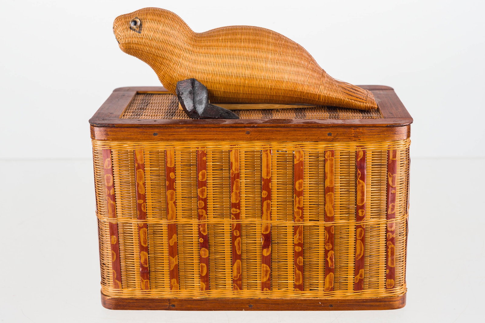 Shanghai Bamboo Wicker Box with Seal: This is an ornate, tightly woven bamboo and wicker box; it has a seal on lid with applied eyes. It retains the Shanghai Handicrafts label under the lid and measures approx. 8" H.