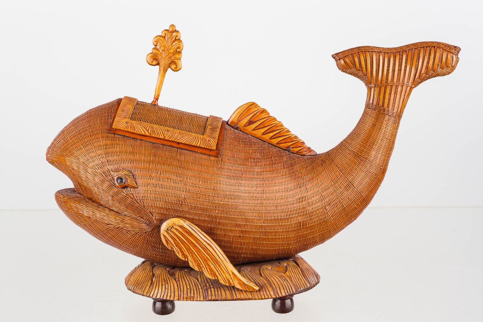 Shanghai Bamboo Wicker Whale (Vintage): It is finely woven bamboo wicker and bamboo. It has a finial at blow-hole to expose container and a lacquered interior; tag is lost.