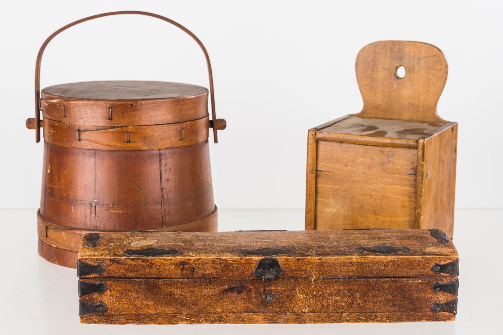 Furkin, Saltbox, and an Instrument Case: Furkin measures approx. 6.5" H; it is softwood construction with staples on bands. Also includes is a wooden saltbox with cut tack construction, and a decorative instrument case that appears to date t