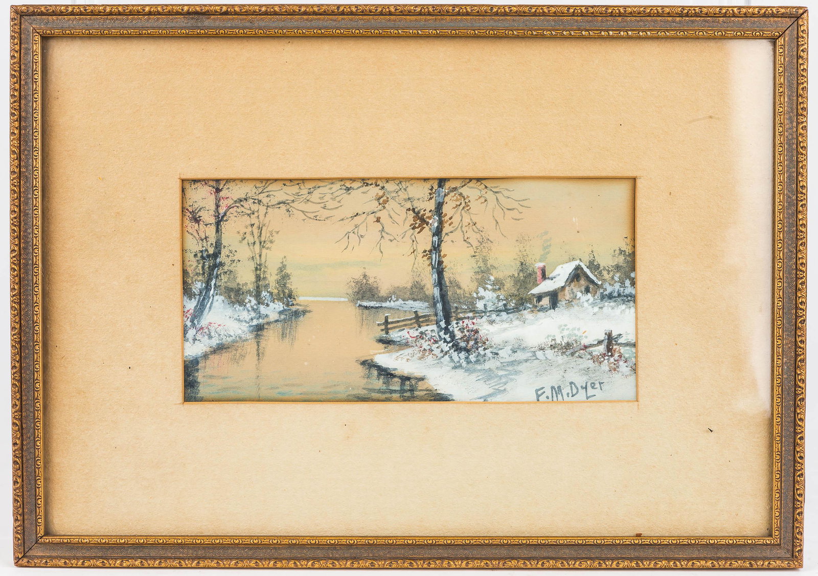 F.M. Dyer (Am.,1861-1941) Winterscape Watercolor: It is an outdoor winterscape, signed lower right. Exposed area measures approx. 4" x 8". Francis Marion Dyer was a listed York, PA artist who lived from 1861-1941.