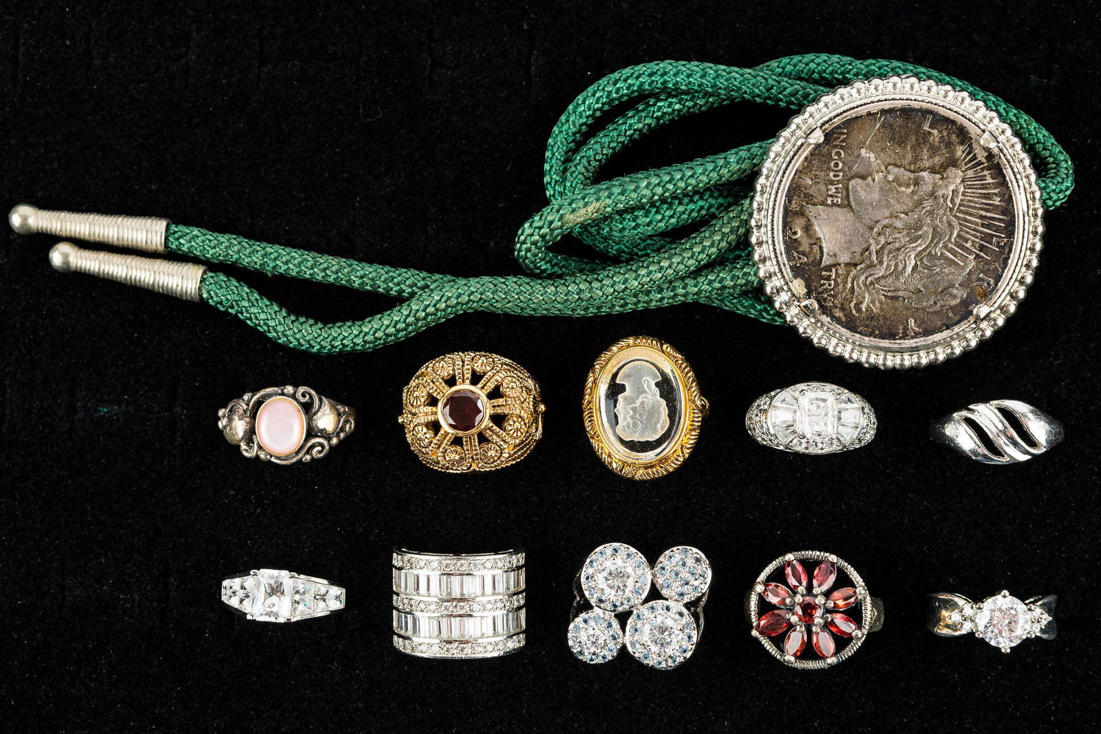 Sterling Rings (10) and Silver Peace Dollar Bolo (1 of 4)