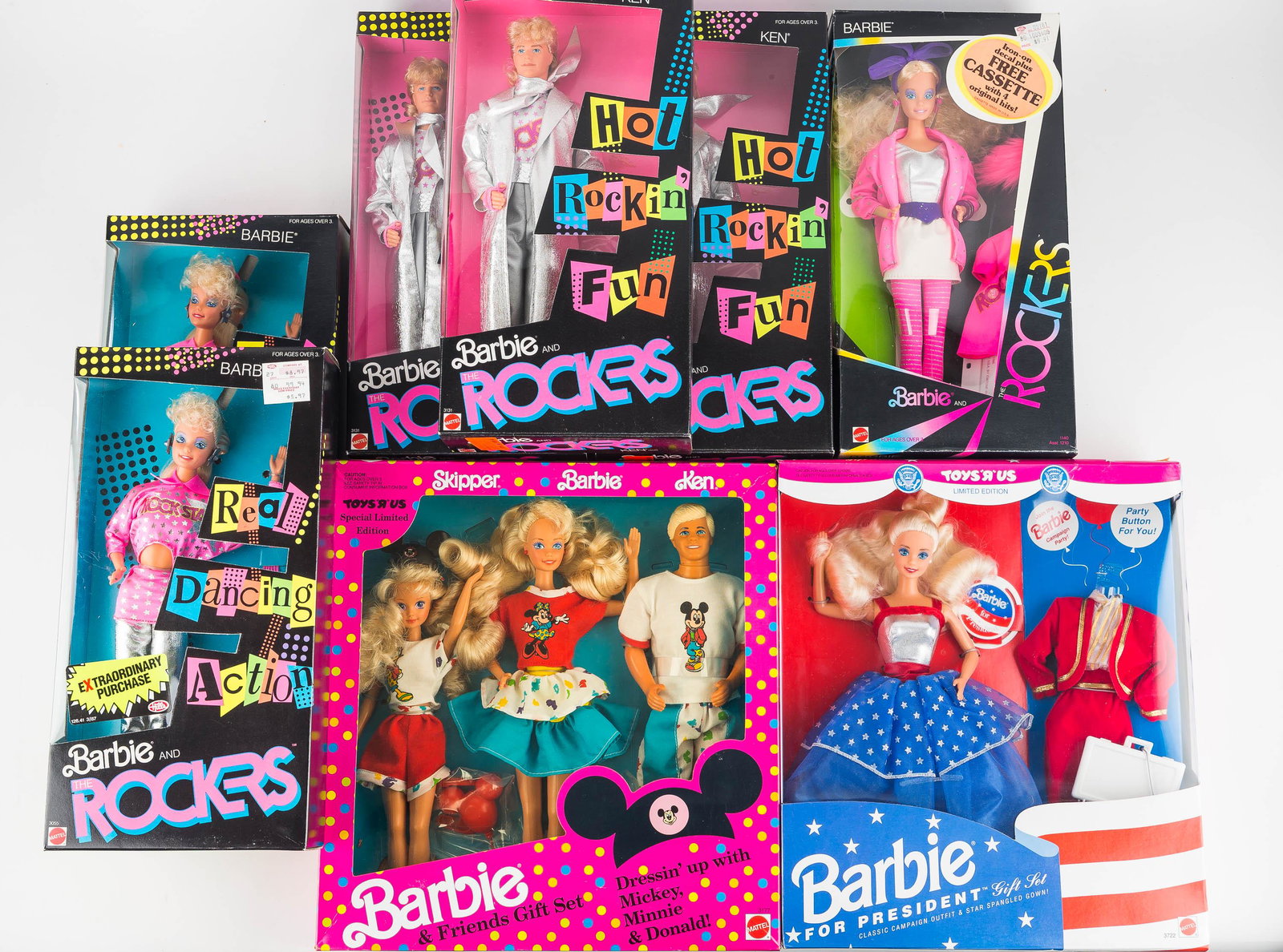 Barbie Rocks and Barbie Sets 1980's &1991: six Barbie Ken Barbie Rocks Dolls from the 1980s and two sets from 1991. All new in box.