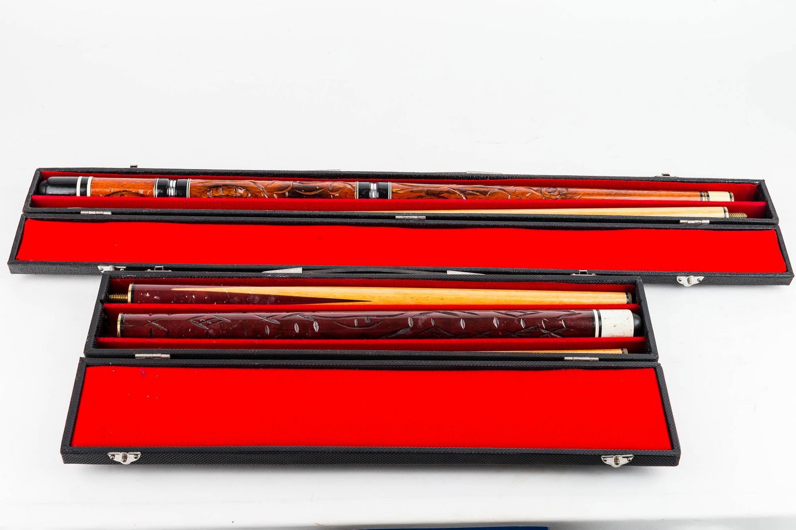 Two Carved Pool Cues in Case (1 of 1)