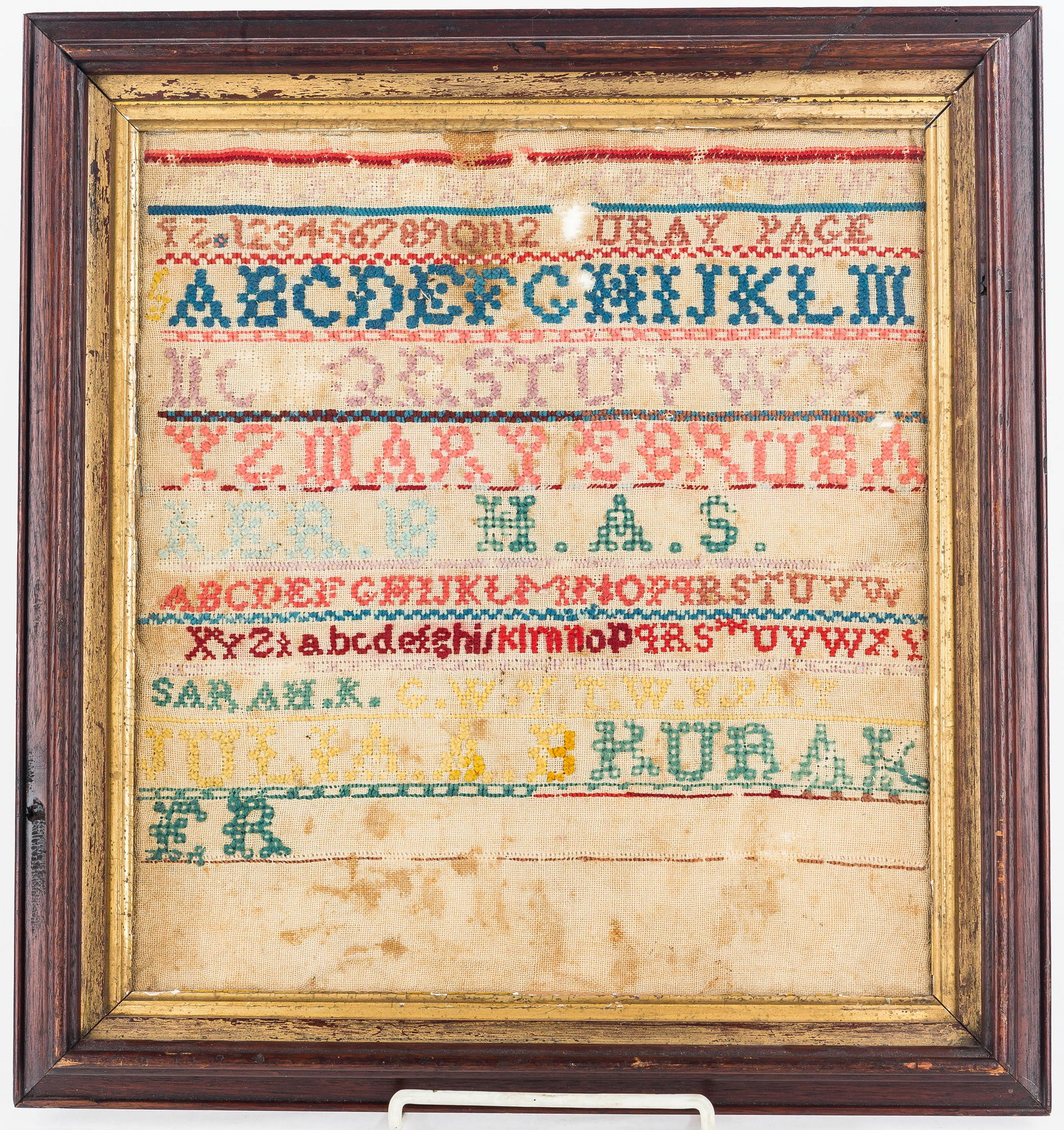 19th Century Sampler: It is an alphabetical enumerated sampler made by Sarah K. It shows (2) spots of loss and common wear and exposed area measures approx. 13.5"H x 12"W.