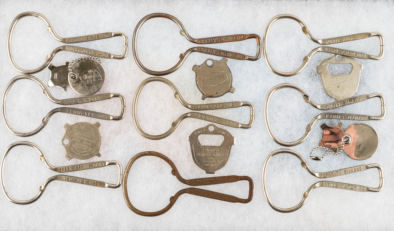 Advertising Bottle Openers and Tools: Bottle openers include Green Spring Dairy, Bupp's Dairy, Baltimore Dairy, Bireley's, and various other openers and key fob screwdrivers.