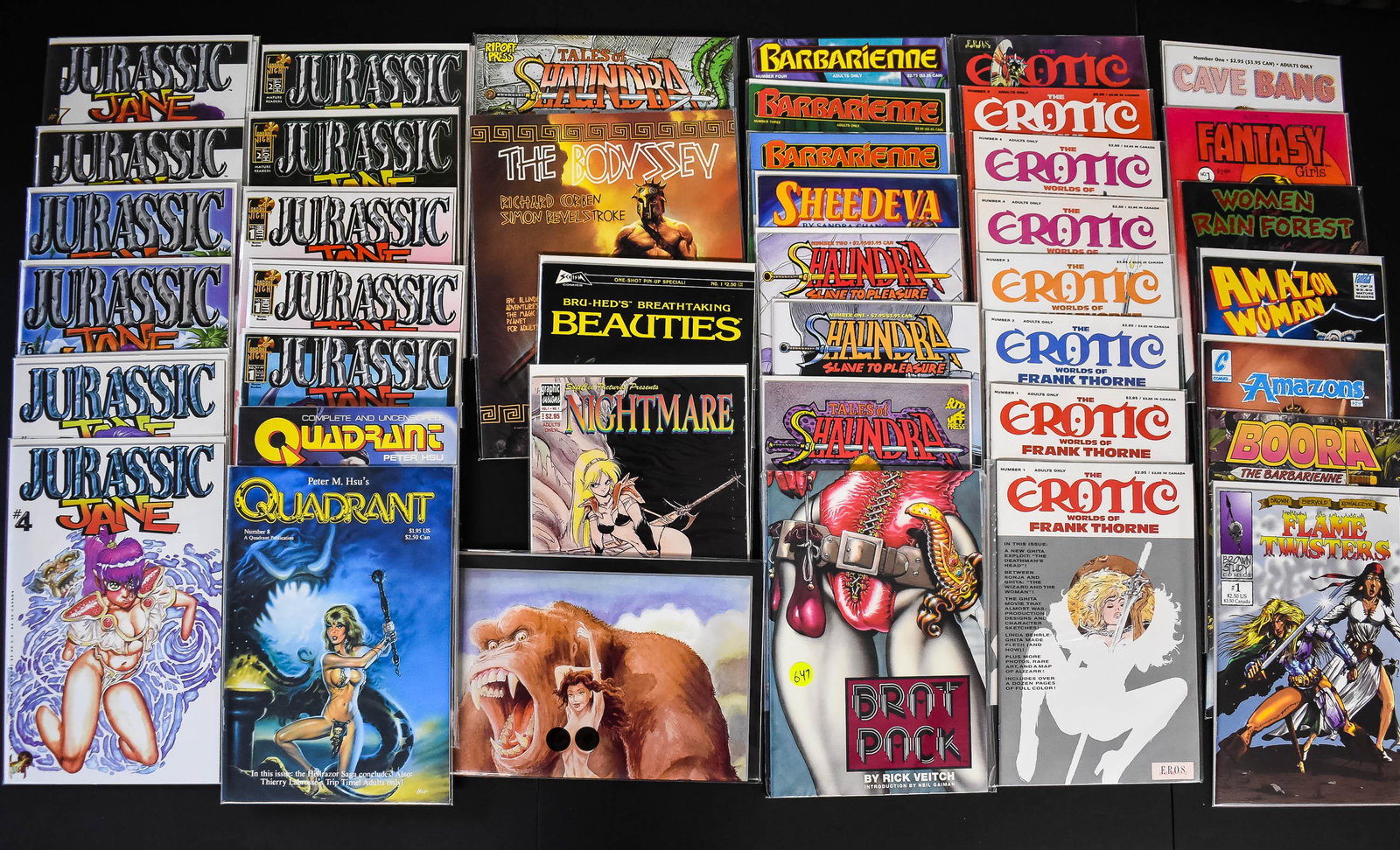 Fantasy Themed Adult Comics (Approx 45): The Bodyssey, Brat Pack, 2 Quadrant, Tales of Shalindra, 14 Jurassic Jane, 3 Barbarienne, 2 Shedeva, 8 Erotic World of Frank Thorne, and other various titles.