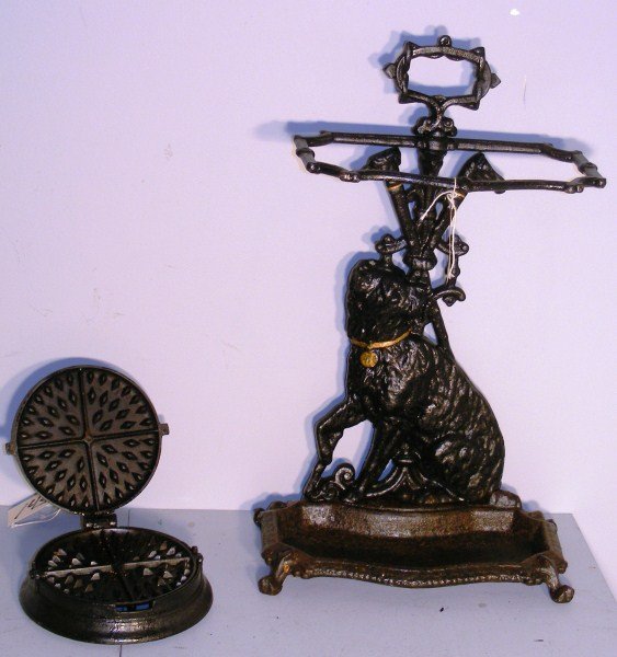 Cast Iron Umbrella Stand, c 1910-20: Cast Iron Umbrella Stand, circa 1910-20, together with cast iron waffle iron