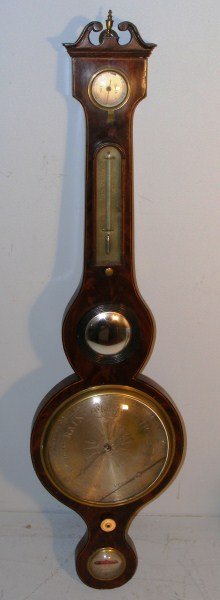 19th C English Banjo Barometer,: 19th C English Banjo Barometer, Mahogany with line inlay