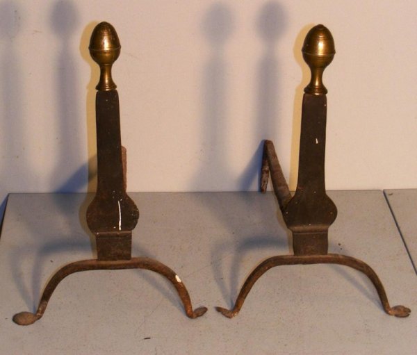 PA 18th C Knife and Lemon Andirons: PA 18th C Knife and Lemon Andirons w/penny feet15"h.