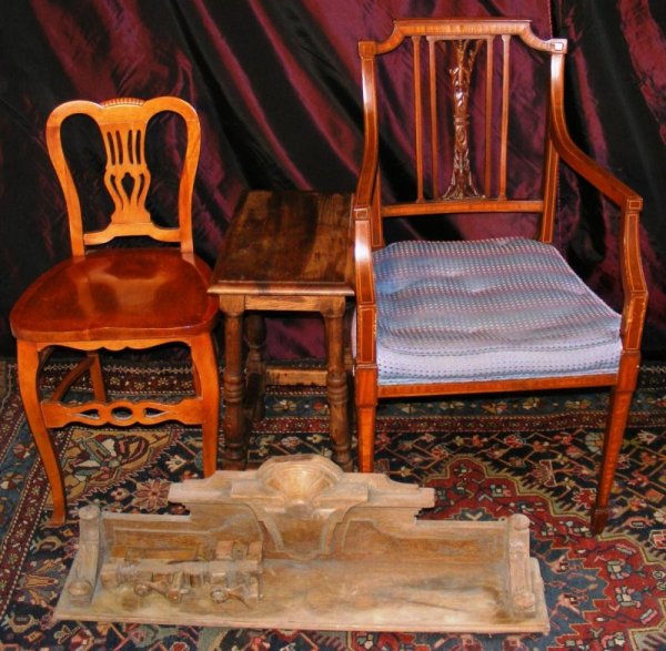 Turn of the C Chairs, Jacobean Style Table, etc.: Two Turn of the Century Chairs, Jacobean Style Table, Victorian Shelf and Brass Bed headboard