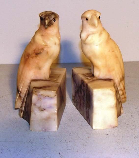Italian Alabaster Falcon Bookends: Pair of Italian Alabaster Falcon Bookends, signed.