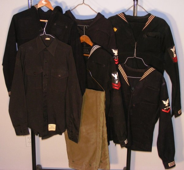 WWll Navy Uniforms: WWll Navy Uniforms including 2nd Class Electricians Mate, Custom Tailored, Aviator Nuclear Specialist, Coastal Communications Specialist Coat, Under Seas Weapons Specialist Seaman, Boiler Tender P.O. 