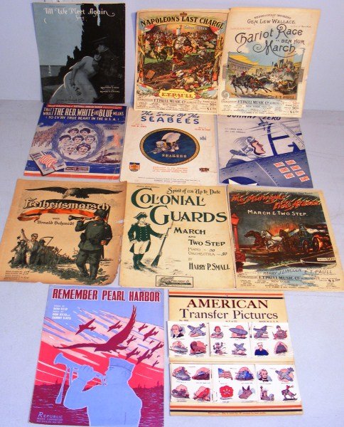 WWII Patriotic Sheet Music & Transfer Pictures: WWII Patriotic Sheet Music and American transfer pictures in what looks like a complete display