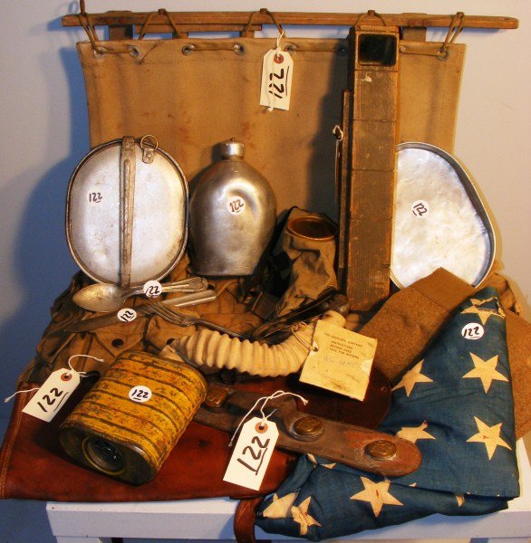 WWl Field Gear: WWI Field Gear including gas mask canister bag for a horse, US Flag Gas mask, grenade vest, backpack Frame, trench scope, mess kit etc.