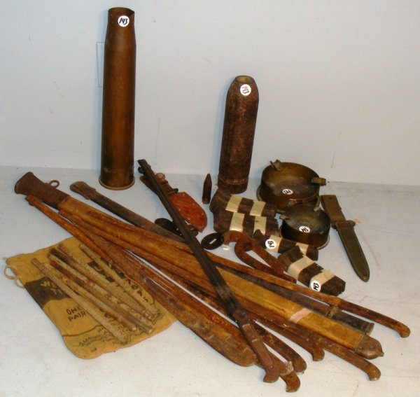 Trench Art: Trench Art, artillery shell and shots, knife w/broken handle, sword parts etc.
