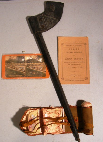 Civil War Lot: Civil War lot including a sewing kit, scabbard, stereo view of the Charleston Navy Yard showing artillery and the Comic Life and Adventures of Jeff Davis