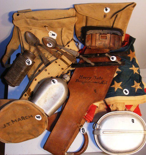 WWI Field Gear: WWI Field Gear including web belt, canteen, mess kit, flag, folding bucket, and bag