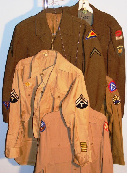 Korean War Period Uniforms: Korean War Period Uniforms including, 2 IKE jackets, 3 shirts w insignia.