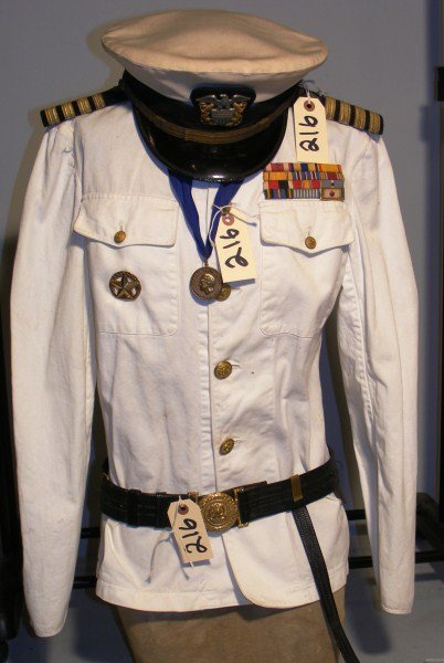 Navy Captain Dress Uniform: Navy Captain dress uniform, visor hat and sword belt w/ buckle, large ribbon bar, and command badge and Navy weapons lab medal