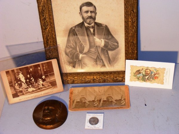 General U.S. Grant Memorabilia: General U.S. Grant grouping including a print photo of family, play money, greeting card, stereo view and bronze
