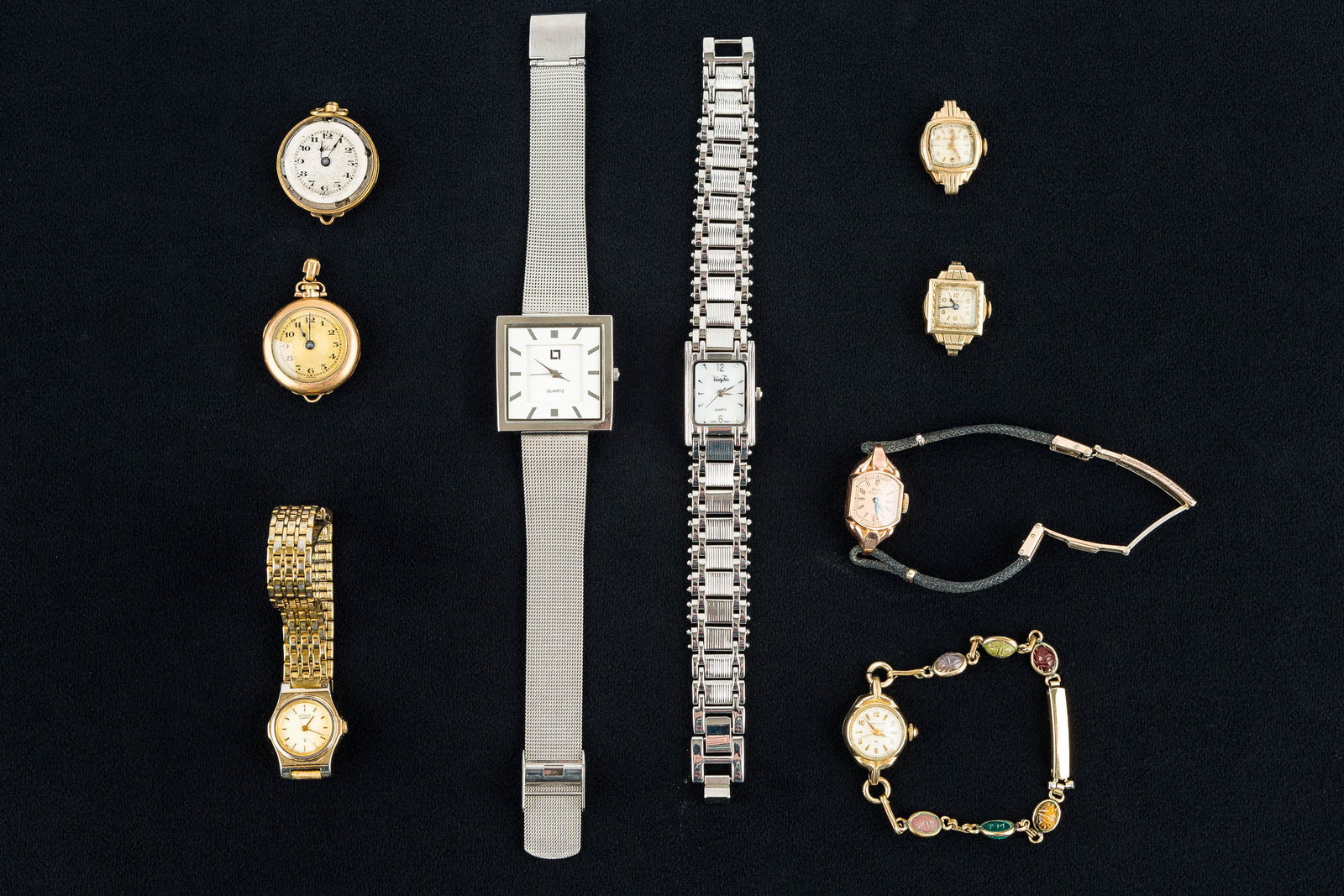 Vintage & Other Ladies' Watches: a signed Hamilton watch with scarab bracelet, Elgin, Bulova, Citizen, and more. Watches are in various working orders.