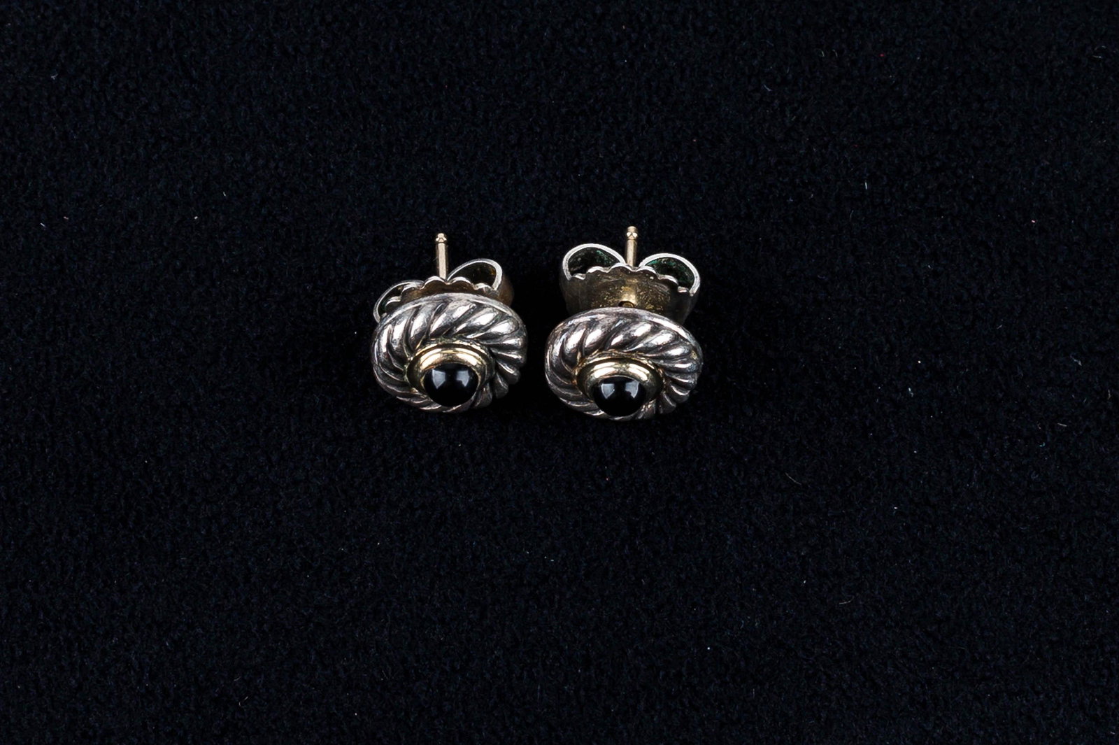 David Yurman Earrings: These designer sterling silver and 14k earrings are signed 'DY', 585, and .925, featuring a classic cable design with central onyx stone.
