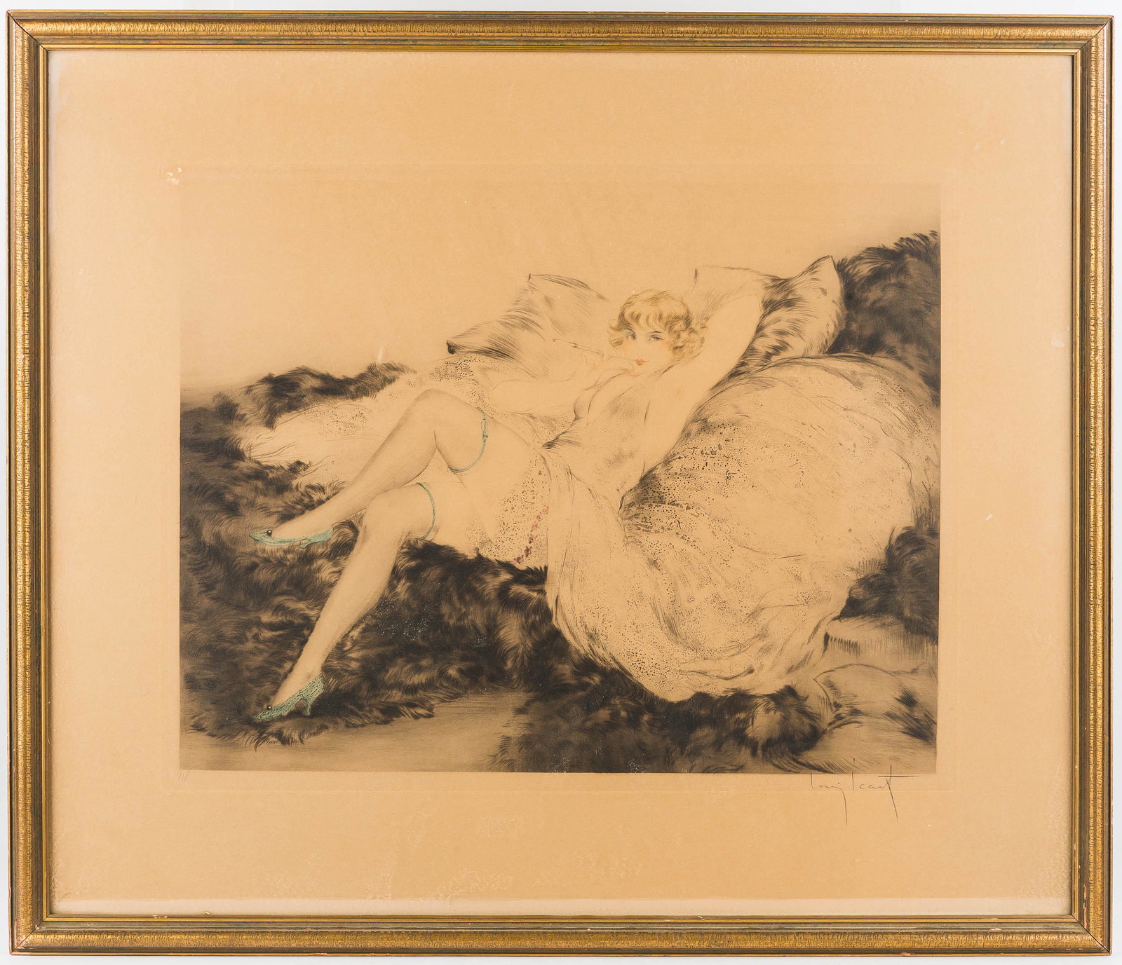 Louis Icart Hand-Signed Print: Print depicts a reclining woman smoking a cigarette in holder. Printed area measures approx. 15" H x 19" W, and it is numbered in pencil '118', lower left, and signed 'Louis Icart', lower right. Item 