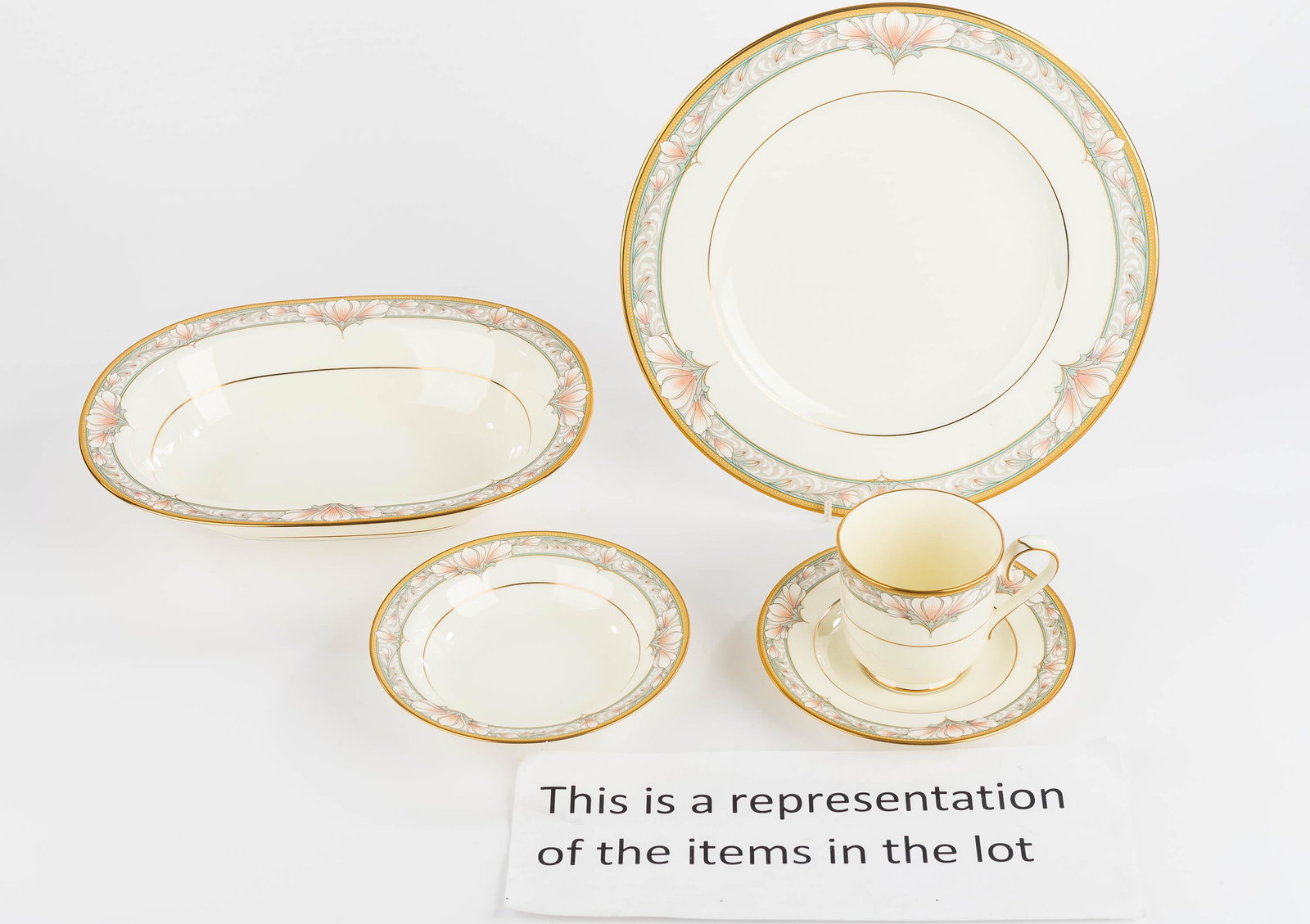 Noritake Barrymore Bone China Grouping: This lovely set of fine Noritake porcelain dishes includes (8) 10.5" dinner plates, (2) open vegetable bowls, (8) cups and saucers, and (8) berry bowls good condition.