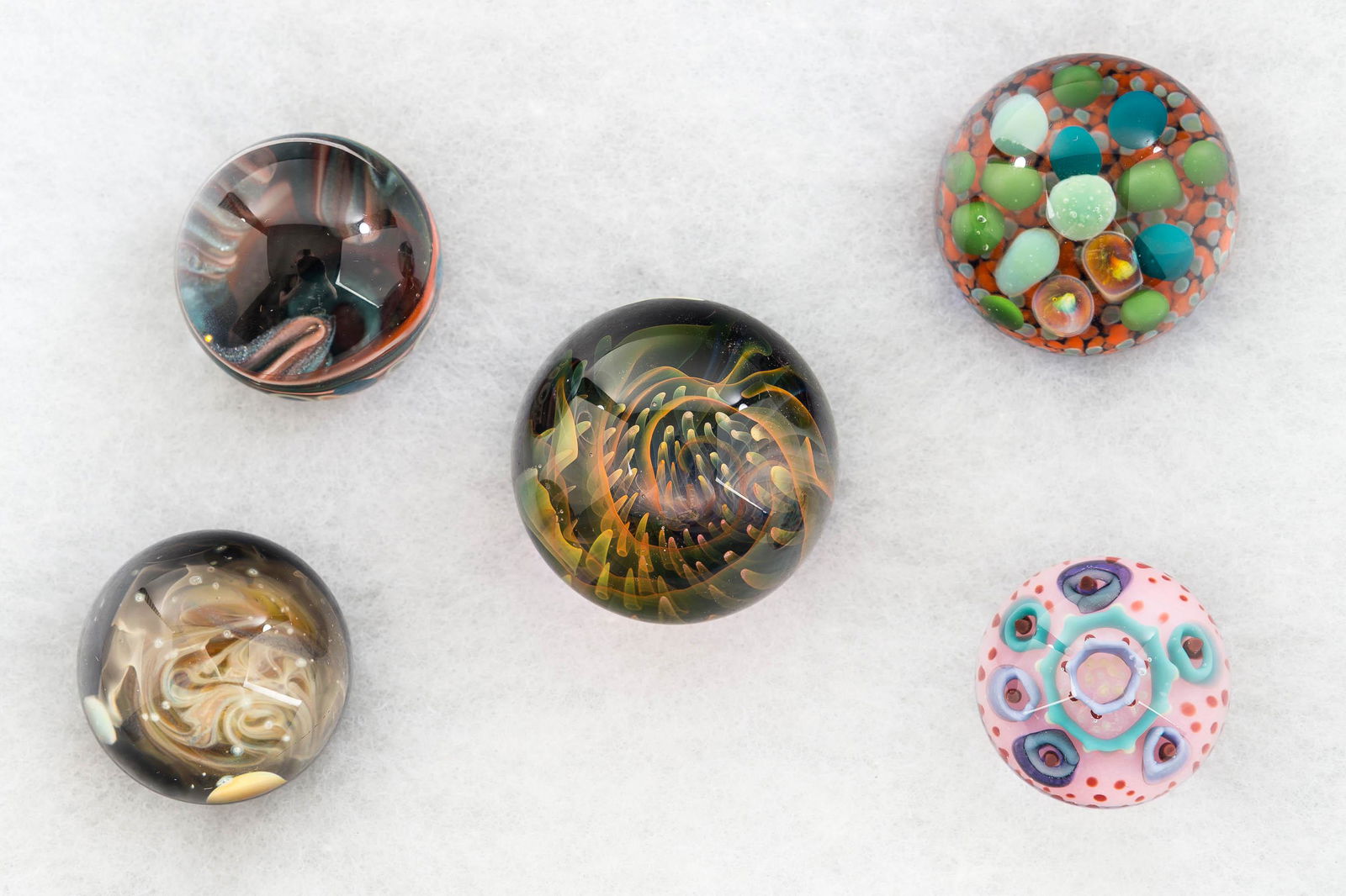 Artist Signed & Other Lampwork Glass Marbles: The largest marble is signed "MMM 13" (for Mad Men Marbles) and measures approx. 46mm diameter. There is a marble with black backing and swirl interior with etched obscure signature dated 2015. There